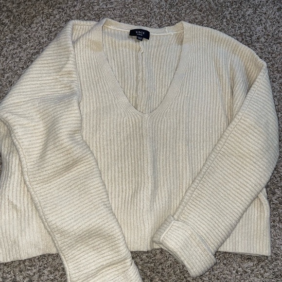 Vici Sweaters - Vici Ivory V-Neck Ribbed Sweater